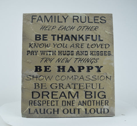 Inspirational Garden Stepping Stone Engraved Natural Stone Decorative Wall Art "Family Rules...Be Thankful" 10" x 12"    - GR3BF3012