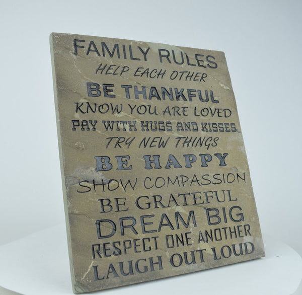Inspirational Garden Stepping Stone Engraved Natural Stone Decorative Wall Art "Family Rules...Be Thankful" 10" x 12"    - GR3BF3012