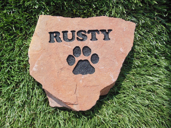 Natural Red Stone with Name and Paw - 6 Inches to 8 Inches