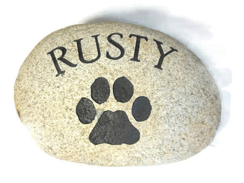 Personalized Pet Memorial Engraved Headstone Grave Marker Garden Stone 10" -12" River Rock Dog Cat Paw Print    - GR2RZ3066