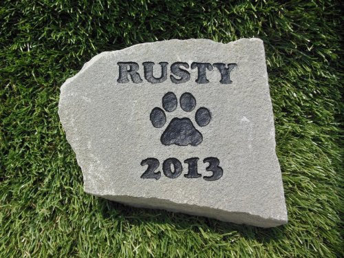 Natural Grey Stone with Name, paw and date - 6 Inches x 7 Inches -