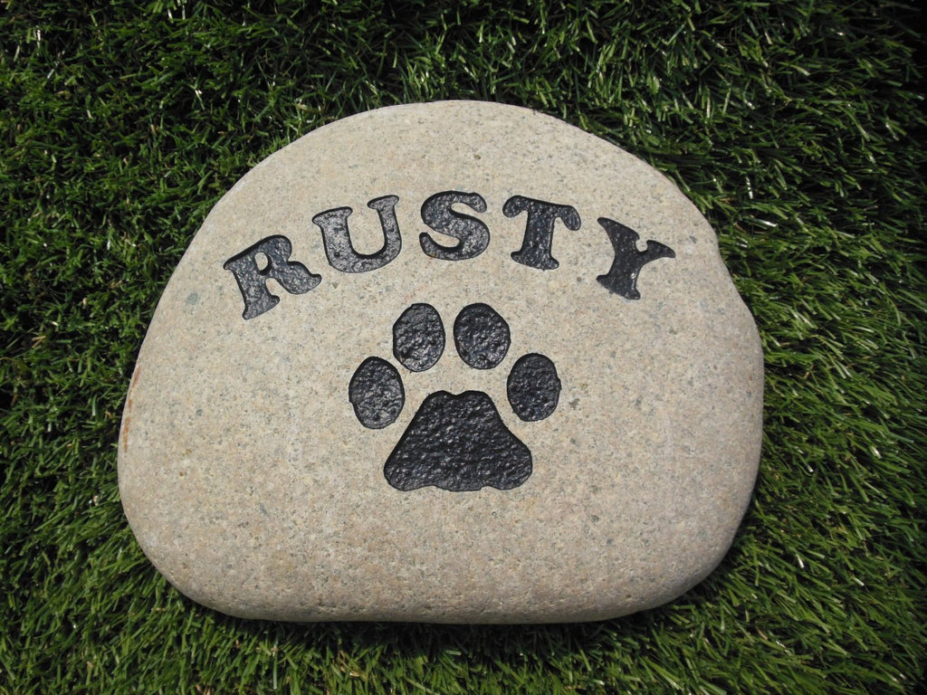 Dog Memorial Cat Memorial Pet Head Stone Grave Marker Engraved Natural River Stone Dog or Cat Name paw - 8 Inches x 8 Inches