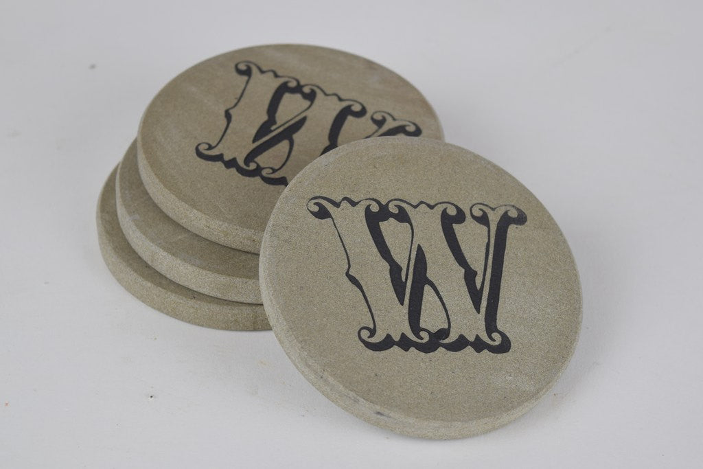 Personalized Stone Coasters Sandblast Engraved Round Light Gray Stone With Fancy Intial Set of 4